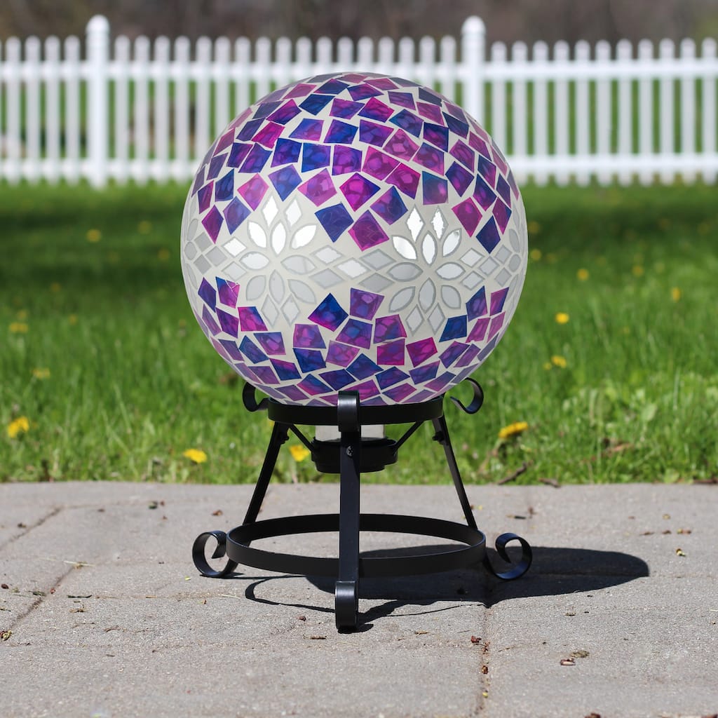 Mosaic Floral Outdoor Garden Gazing Ball - 10" - Purple Pink and Silver