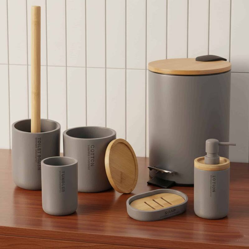 Bathroom Accessories with Natural Accents, Modern 6-piece Set - Gray