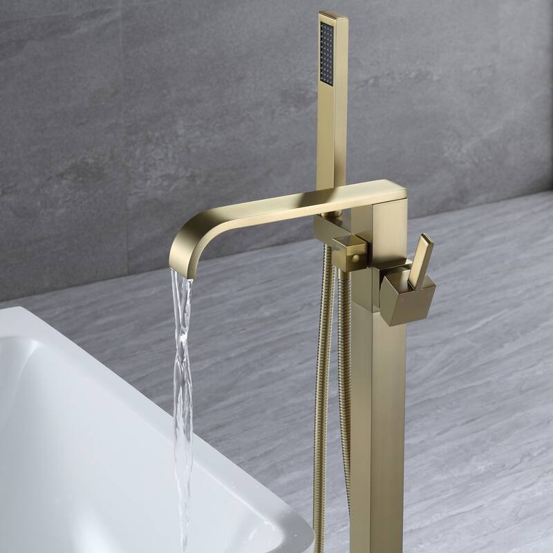 Luxury 35''H Brushed Gold Floor Mounted Tub Filler - Freestanding Bathtub Faucet with Handheld Shower