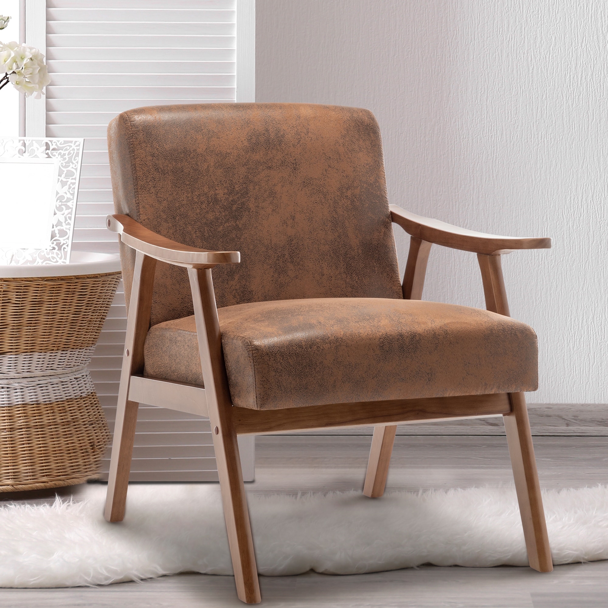 Mid-Century Modern Faux Leather Accent Chair with Solid Wood Arms for Living Room Bedroom