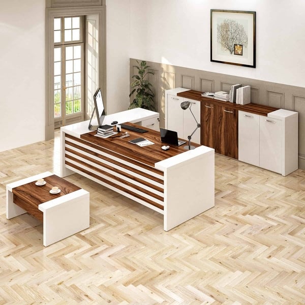 Modern Leon 3-pc. L-shaped White and Brown Office Furniture Set - Bed ...