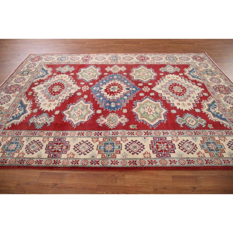 Hand Knotted Oriental 100% Wool Carpet Traditional Geometric Red Kazak Area Rug - 9' 9'' X 6' 7''