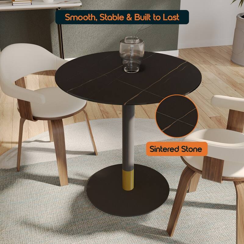 Vail Round Dining Table 27 in. Sintered Stone Tabletop in Black Stainless Steel Round Pedestal Base with Gold Accents