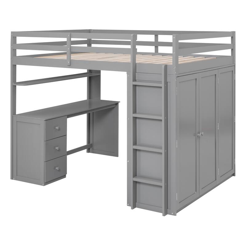 Twin/Full Size High Loft Bed with Built-in Desk and Wardrobe, Wooden Loftbed Bedframe with 3 Drawers, for Kids, Teens, Adults