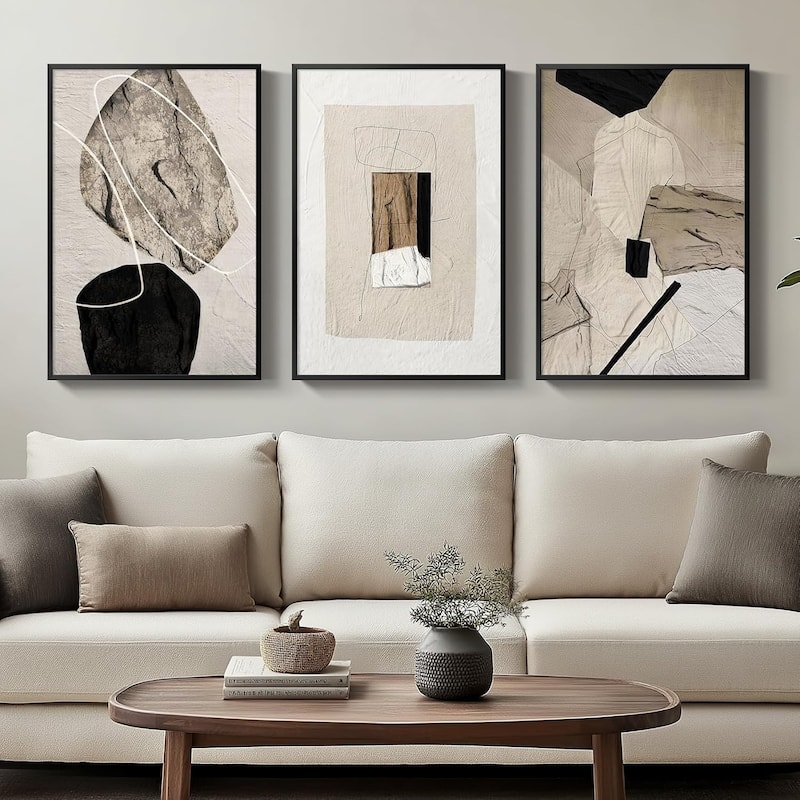Framed Neutral Abstract Wall Art,Minimalist Black and Beige Pictures - 16 x 24