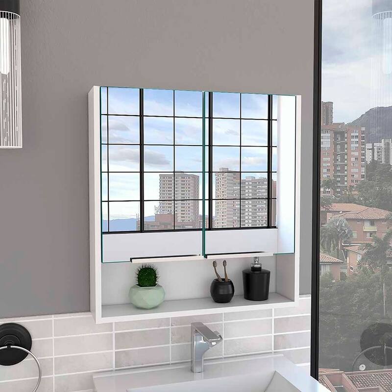 Medicine Cabinet with Mirror, Two Doors and Three Shelves, Light Gray Finish, Bathroom Storage Cabinet