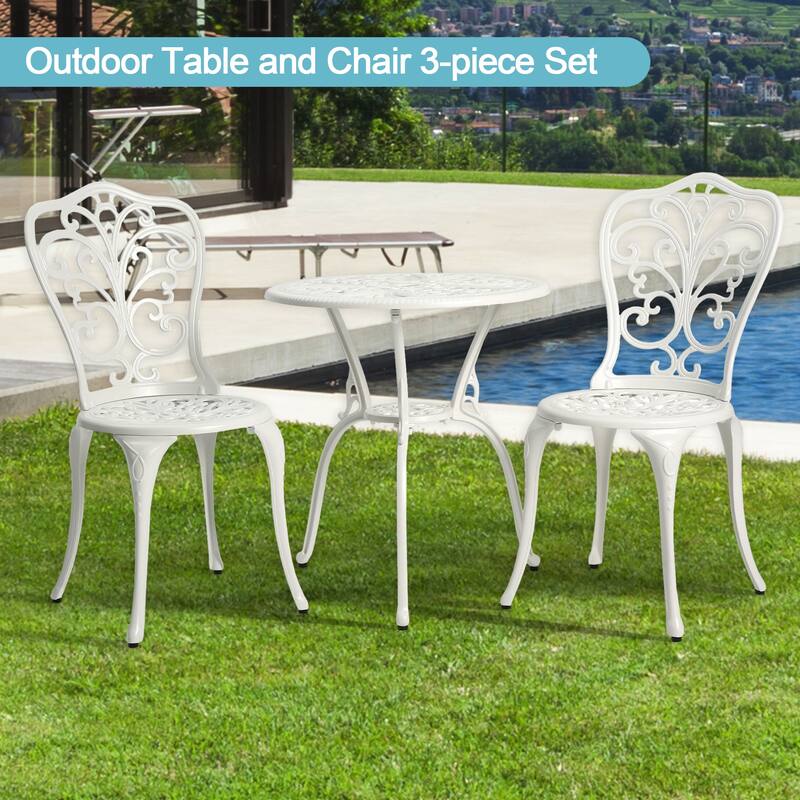 3-Piece Aluminum Outdoor Patio Butterfly Table and Chairs with Umbrella Hole - White