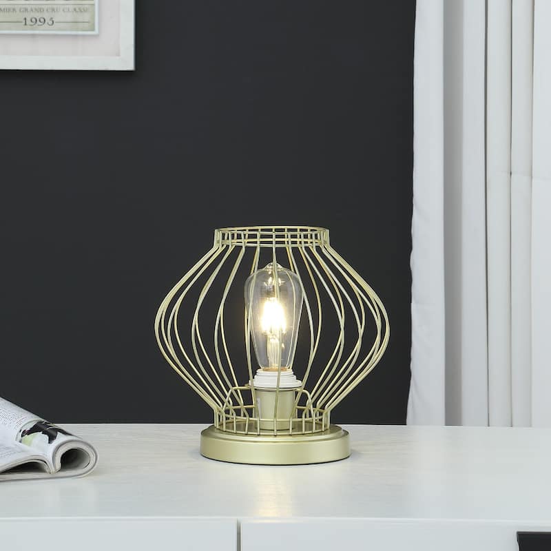 Gold Metal Cage Bedside Lamp with Drum Shade and In Line Switch - 9.75” x 9.75” x 9.5” (D x W x H)