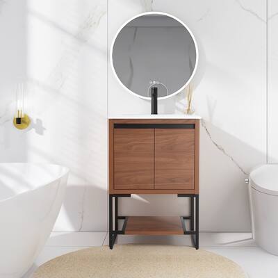 24 inches Wood Freestanding Bathroom Vanity Combo with Integrated Ceramic Sink and 2 Soft Close Doors