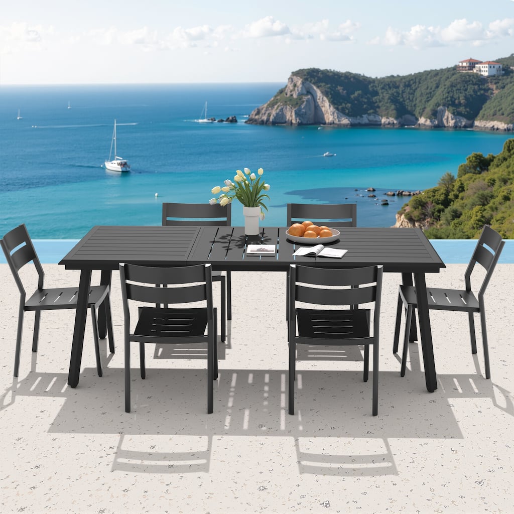 VredHom 7-PC Outdoor Aluminum Dining Sets Table with Stackable Chairs Umbrella Hole