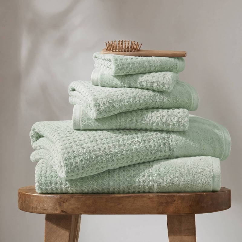 Madison Park Spa Waffle Cotton Waffle Jacquard Antimicrobial Bath Towel 6 Piece Set - Seafoam