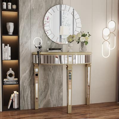 Silver Mirrored Half Moon Console Table Sofa Table - 35.4x31.6 inch