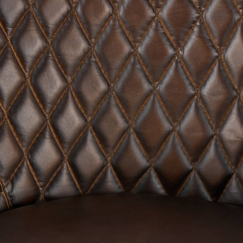 Brown Leather Round Diamond Tufted Bar Stool with High Back and Black Metal Legs (Set of 2)