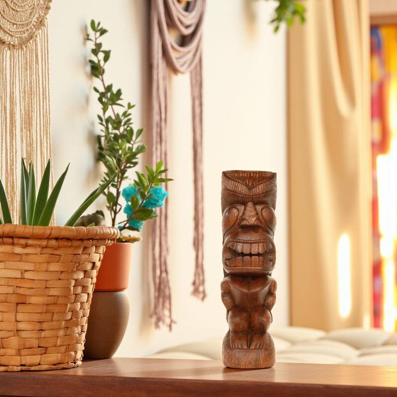 12" Wooden Handmade Primitive Long Hair Tribal Statue Sculpture Tiki Bar Totem Handcrafted Gift Home Decor Figurine Hand Carved