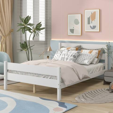 Platform Wood Full Bed with Headboard and Footboard, White
