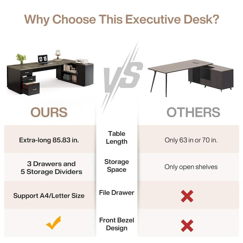 85.8" L-Shaped Executive Desk, Extra Large Office Desk with File Drawers