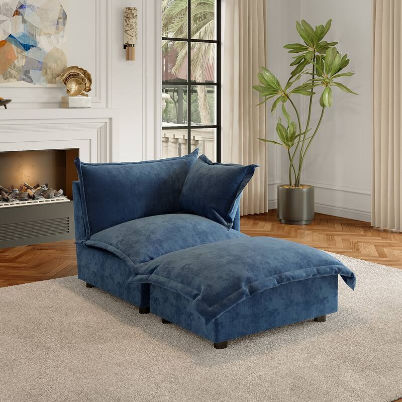 Modern Cloud Chaise Longue Accent Chair with Ottoman set - Corner Chair+ottoman - Navy-right