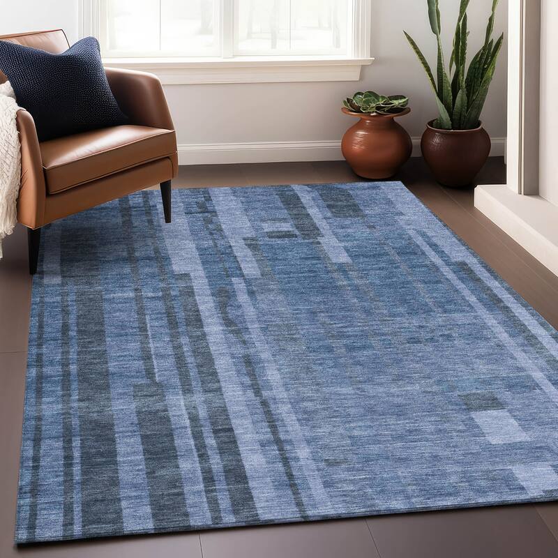 Machine Washable Indoor/ Outdoor Modern Stripes Chantille Rug - Navy - 3' x 5'