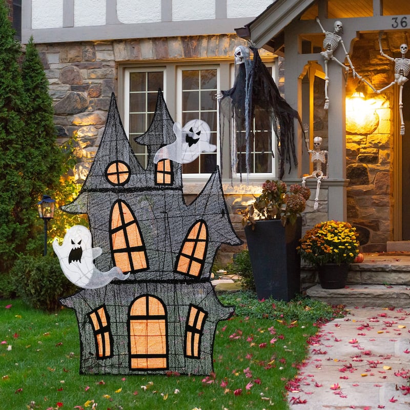 Glitzhome 5ft Pre-lit Halloween 2D Haunted House Outdoor Decor with 210 Warm White LED Lights