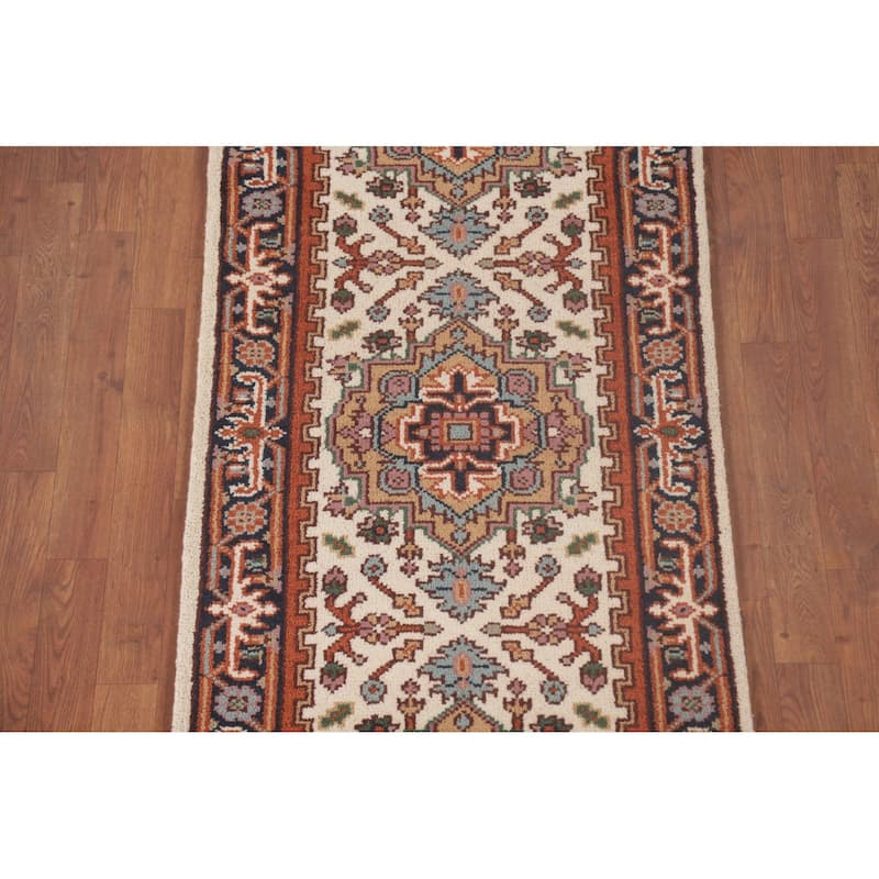 Geometric Beige Heriz-Serapi Oriental Runner Rug Handmade Wool Carpet - 2'6"x 8'0"