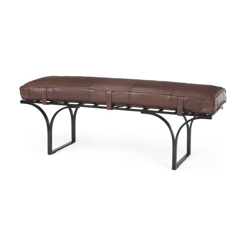 Jessie Dark Brown Genuine Leather w/ Black Iron Base Accent Bench - 55"W x 16"D x 19"H