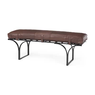 Jessie Dark Brown Genuine Leather w/ Black Iron Base Accent Bench - 55"W x 16"D x 19"H