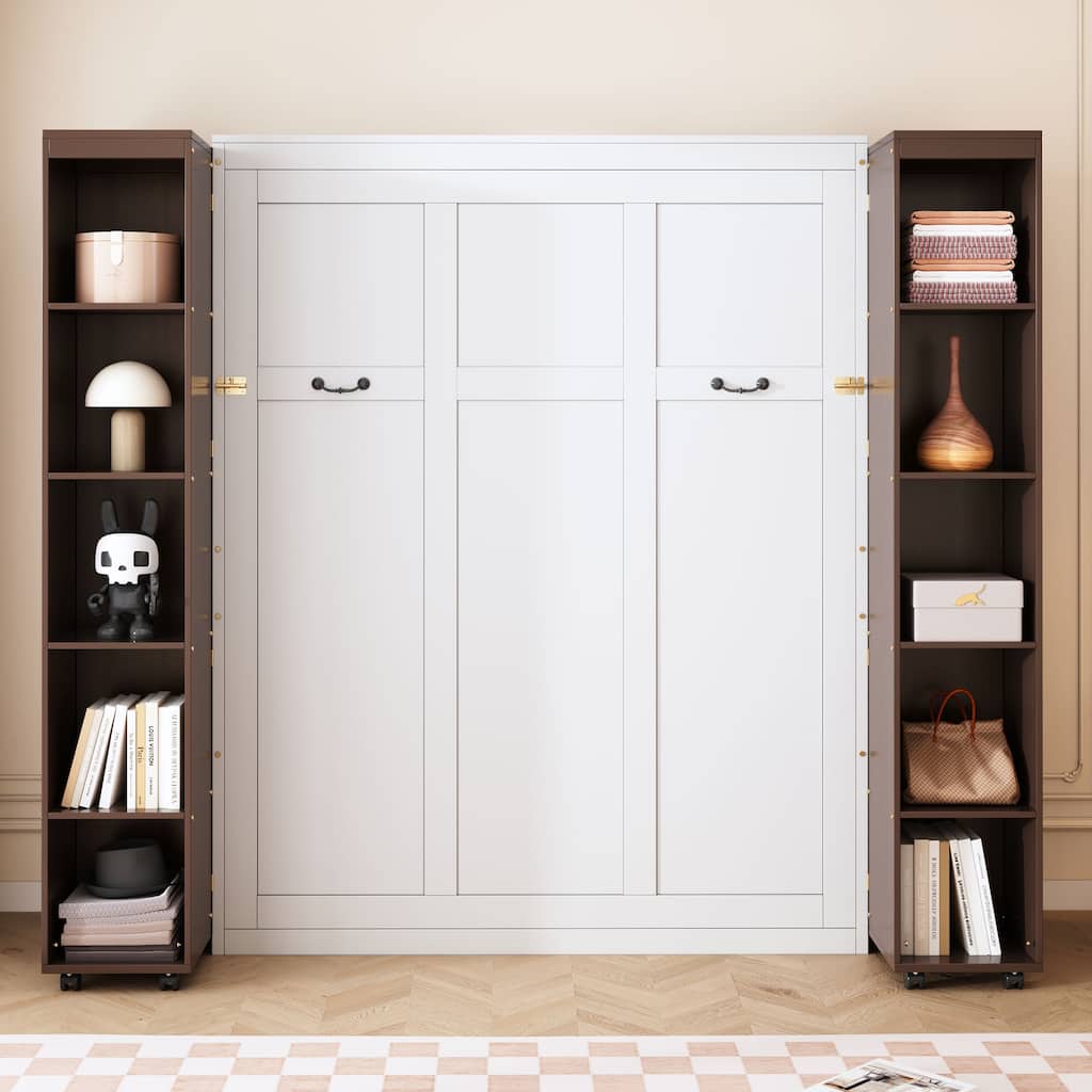 Murphy Bed Wall Bed Queen Size with Pull-out Folding Cabinet, 20 Storage Compartments No Box Spring Needed for Studio Apartment