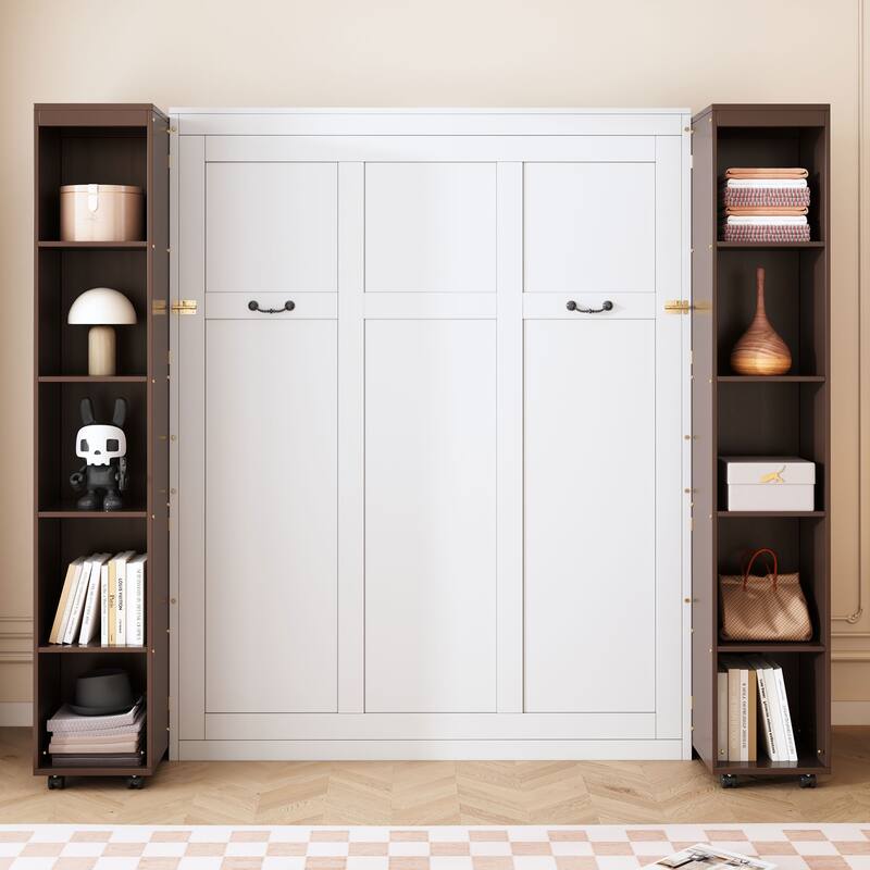 Queen Size Murphy Bed with Cabinets, Storage Wall Bed with Movable Bookcase, Wood Folding Bed Frame - Espresso