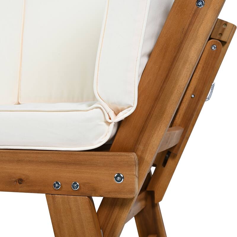 Roomfitters Adjustable Outdoor Wooden Daybed Chaise Lounge with Cushions, Small Space Patio Sofa, Natural+Beige