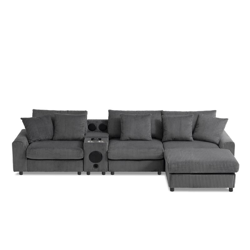Roomfitters 112" Corduroy Sectional Sofa, L Shaped Couch with Console, Deep Wide Seat, Ottoman, Dark Gray