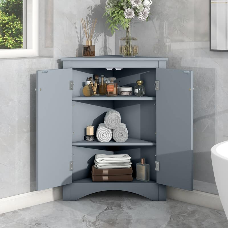 32" Wood 2-door Bathroom Corner Cabinet with Adjustable Shelves
