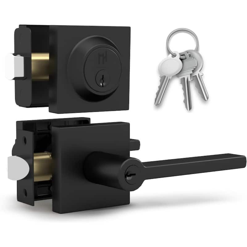 Mega Handles PRIME Flat Entry Door Lock Lever and Square Single Cylinder Deadbolt Keyed Combo | Reversible Handle Set -  Reversible Handing|Matte Black