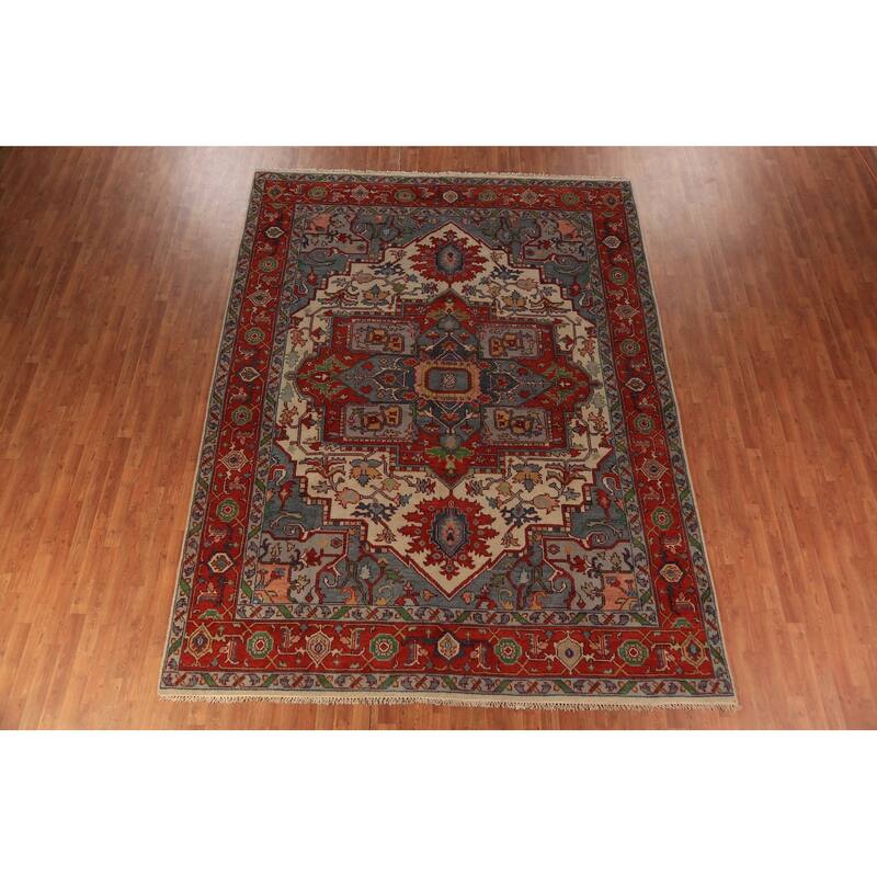 Medallion Heriz Serapi Indian Area Rug Hand-Knotted Wool Carpet - 8'11"x 11'9"