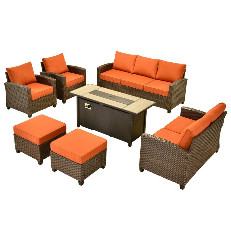 HOOOWOOO 7-piece Outdoor Wicker Rattan Patio Conversation Set with Fire Pit