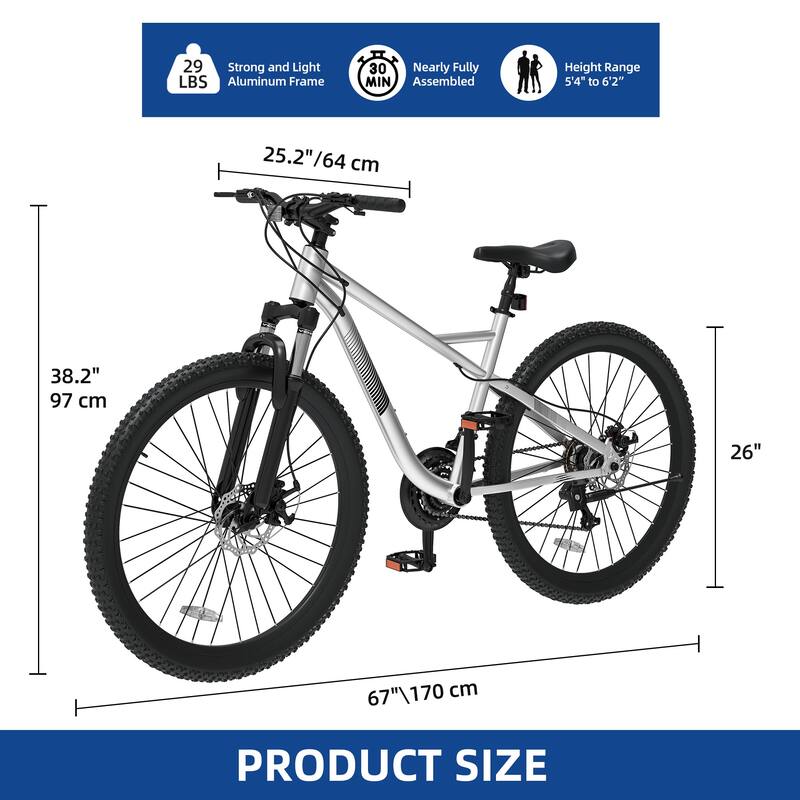 26 Inch Mountain Bike 21 Speed Adult Bike Aluminum Frame Adult Mountain Bike - Silver