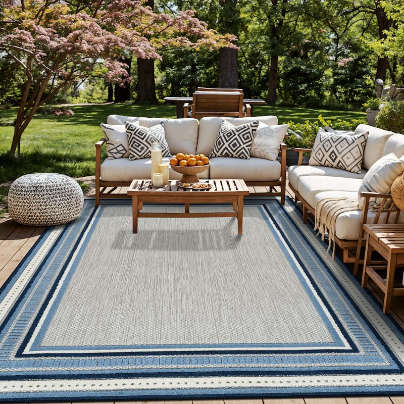 World Rug Gallery Indoor/Outdoor High-Low Textured Area Rug, Coastal Border Easy-Clean Patio Rug - 6'6" x 9' - Navy