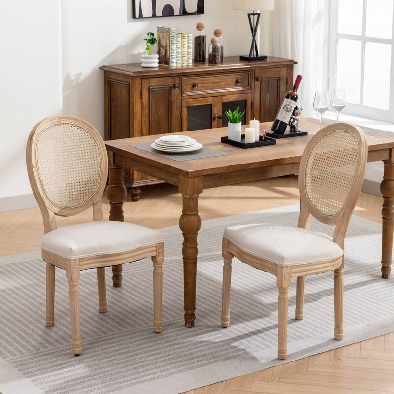 French Style Solid Wood Frame Linen Fabric Rattan Back Dining Chair,Set of 2