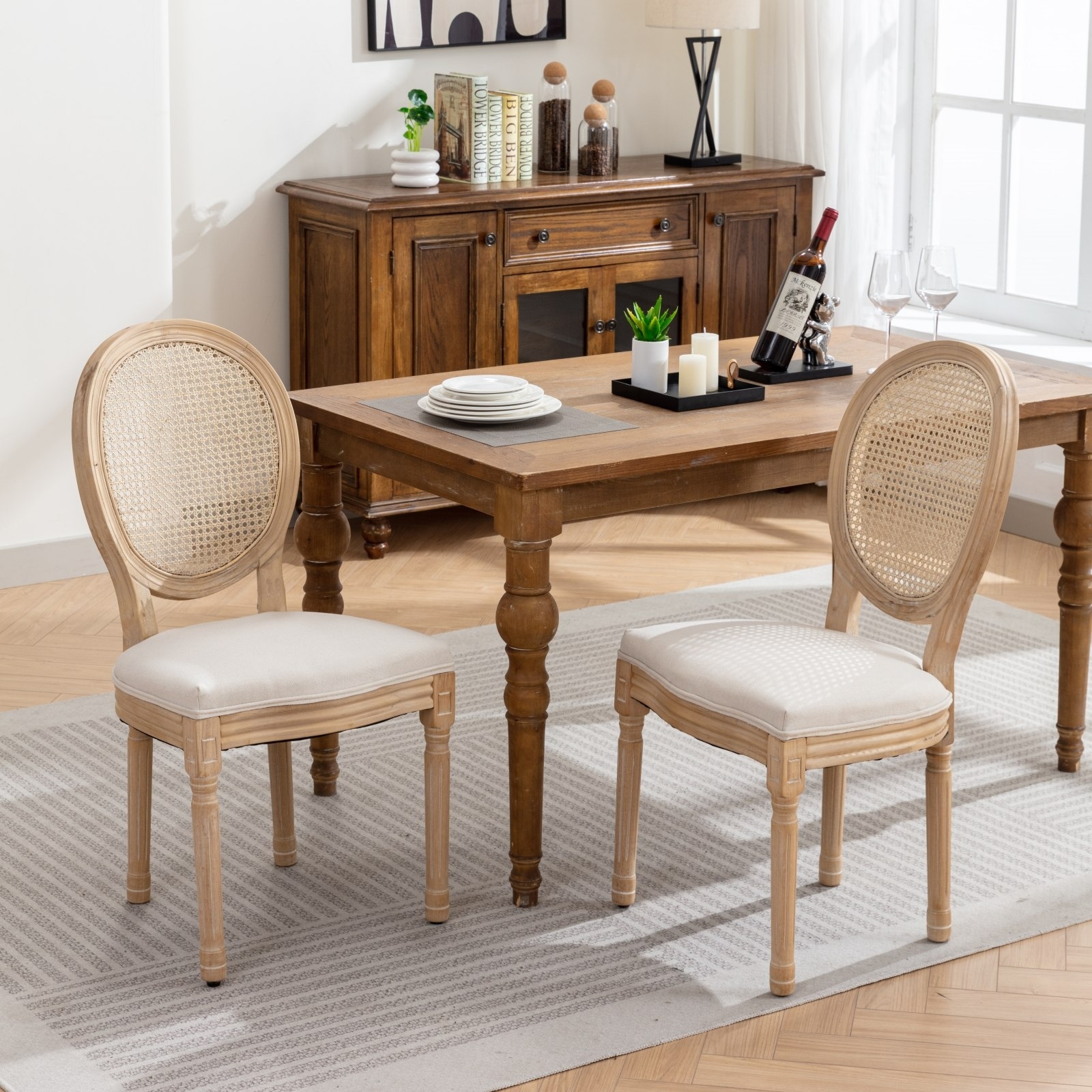 French Style Solid Wood Lounge Chair Antique Painting Linen Fabric Rattan Back Dining Chair Set of 2