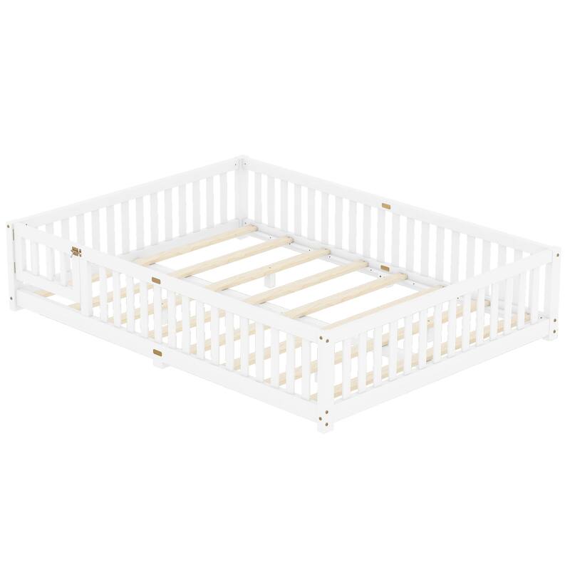 White Queen Size Pine Wood Floor Bed with Safety Guardrails and Door