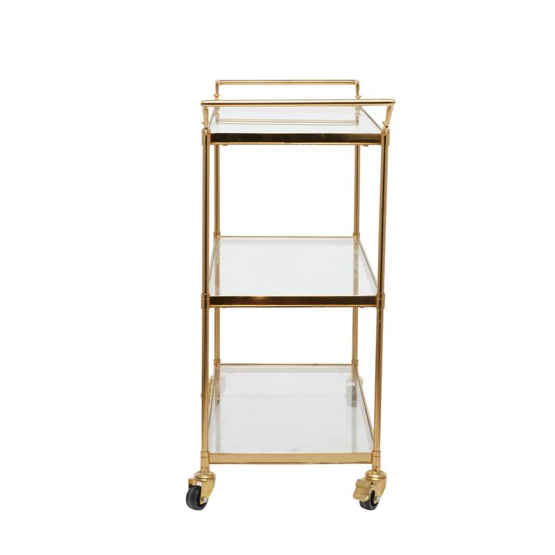 Metal Rolling 3 Glass Shelves Bar Cart with Lockable Wheels - Brass - Roche River Decor - 14"W x 38"L x 31"H