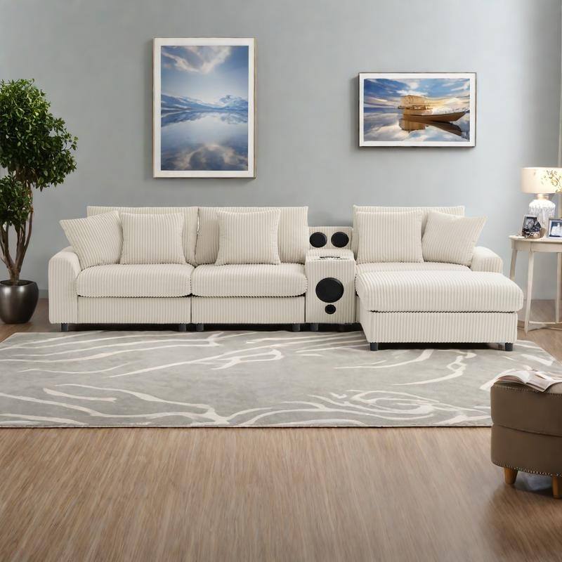 114" Corduroy L-Shaped Smart Sectional Sofa with Bluetooth Speakers, Charging Console and Cup Holders & Storage Ottoman - Cream