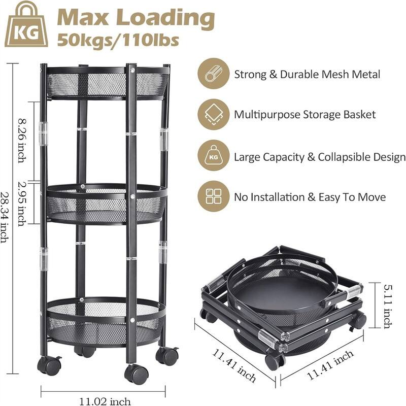 3 Tier Metal Storage Rolling Cart Foldable Utility Cart - 11.02"D x 11.02"W x 28.3"H