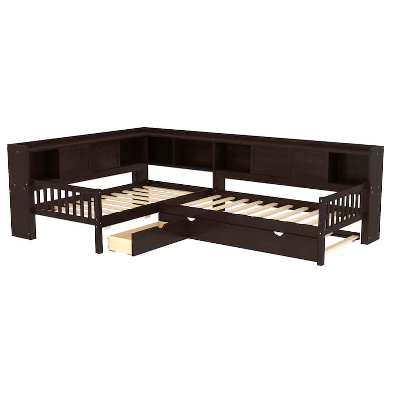 Roomfitters L-Shaped Twin Platform Bed with Trundle, Corner Bed Frame with Storage Drawers and Shelves