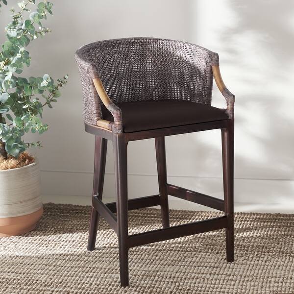 SAFAVIEH Brando Counter Stool with Rattan Barrel Back and Cushioned Seat - 22"W x 21"D x 35"H