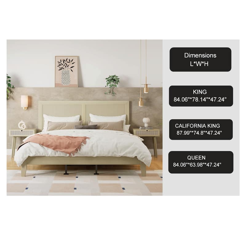 Solid Wood Platform King Bed with Woven Rattan Headboard and Silent Slats