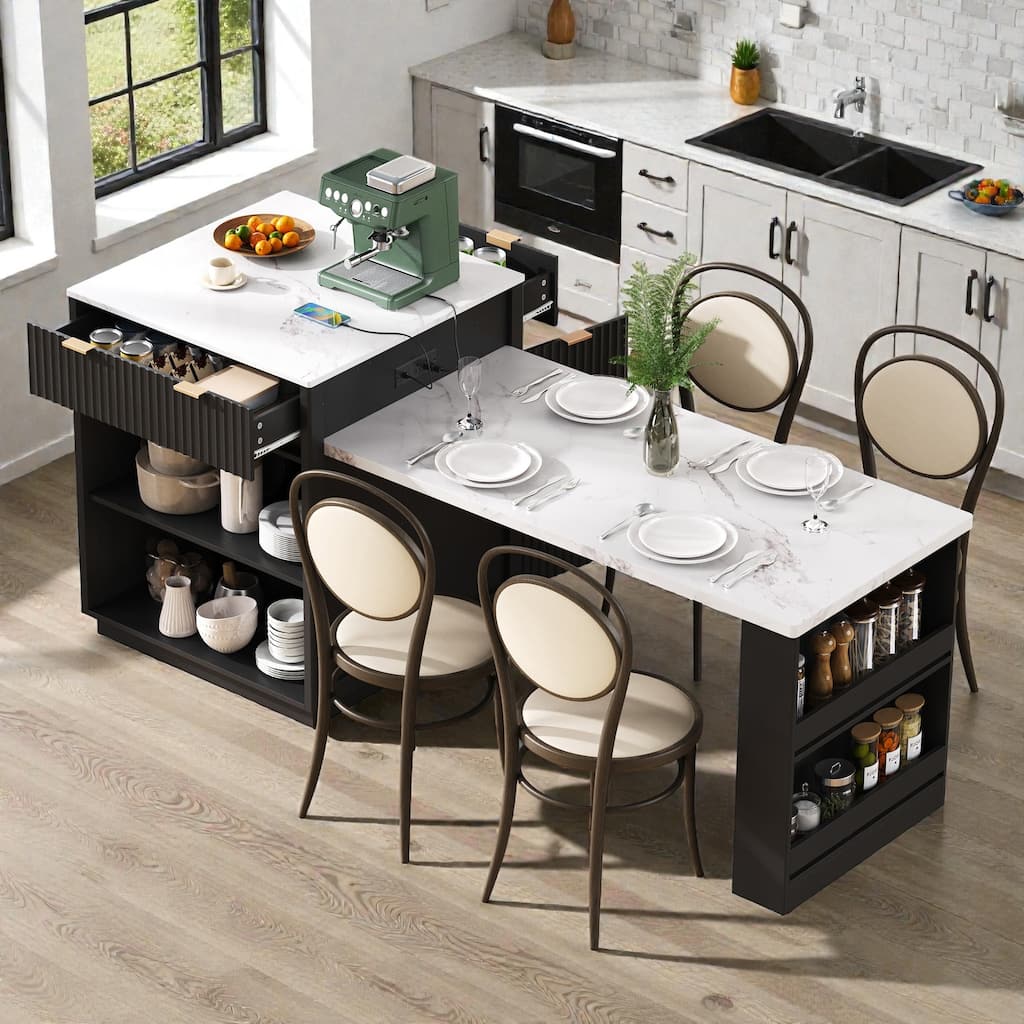 82.6" Fluted Kitchen Island with Extendable Dining Table for 2-6, Power Outlet, Double-Side Storage, Drawers