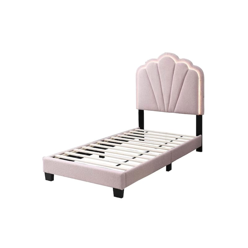 Roxy Twin Bed, Pink Wool Upholstery, LED Lighting, Padded Headboard