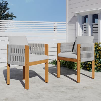 Acacia Wood Outdoor Dining Chairs 2-Pack - Waterproof Grey Cushions, Rope Handles, 400 lb Capacity - Patio, Garden Furniture