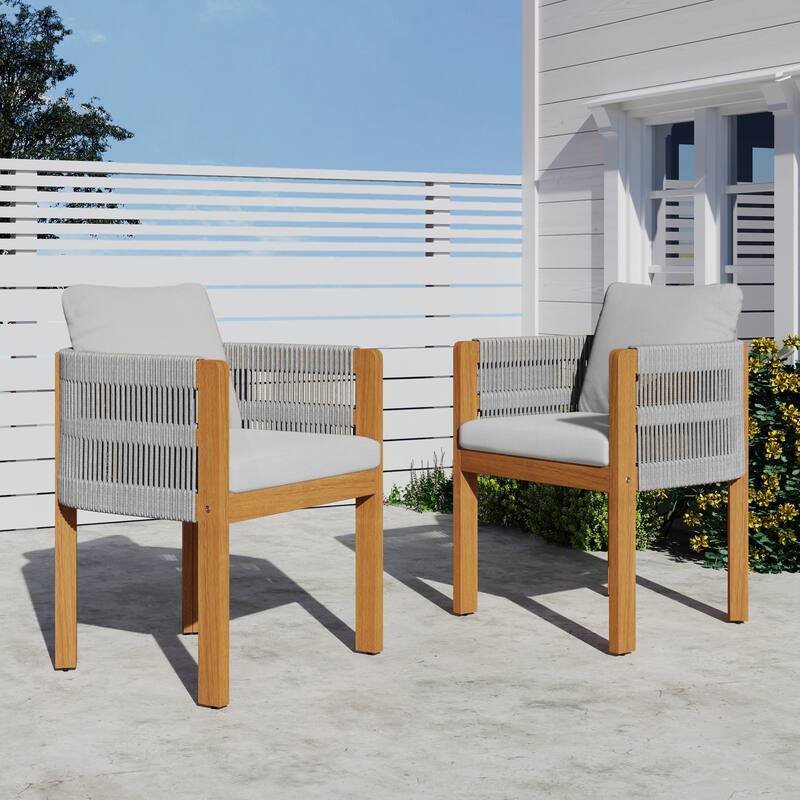 Roomfitters Outdoor Dining Chairs 2-Pack, Acacia Wood Patio Chairs with Rope Weave and Cushions, Weather-Resistant