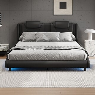 King Size Faux Leather Upholstered Platform Bed Frame with LED Light and Adjustable Headboard On Sale Bed Bath Beyond 41827793